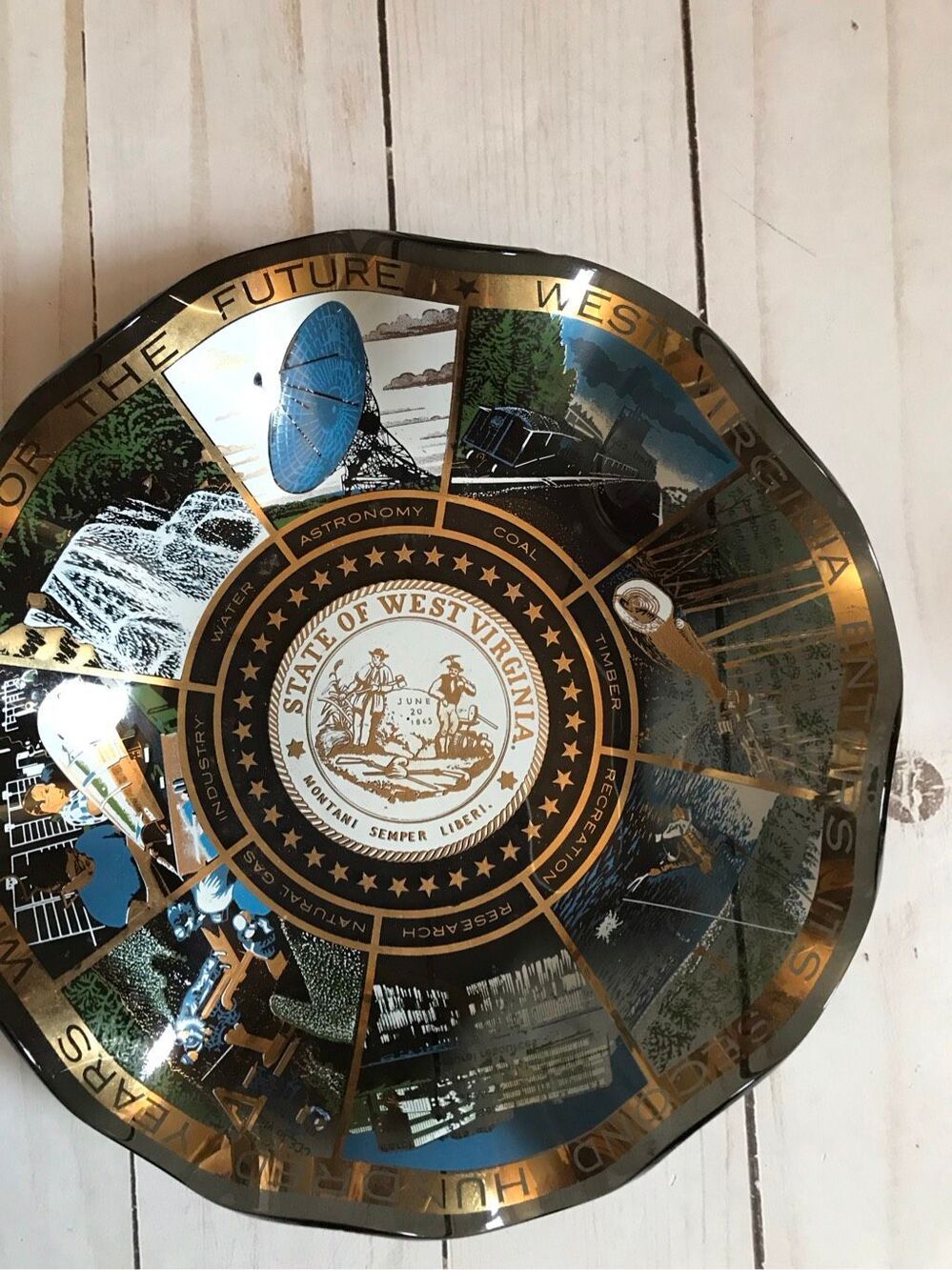 Vintage mid 20th century West Virginia souvenir Plate 7” smoked glass